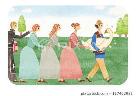 Grimm's Fairy Tale: The Golden Goose watercolor illustration Grimm's Fairy Tale: The Golden Goose watercolor illustration 117462981