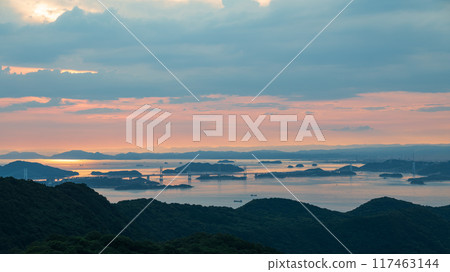 Evening view of the Seto Inland Sea and the Great Seto Bridge from Goshikidai Evening view of the Seto Inland Sea and the Great Seto Bridge from Goshikidai 117463144