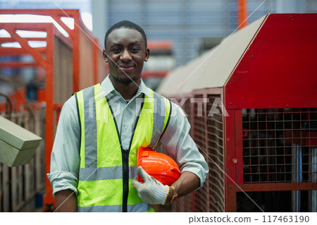 portrait engineering male African American workers holding red helmet portrait engineering male African American workers holding red helmet 117463190