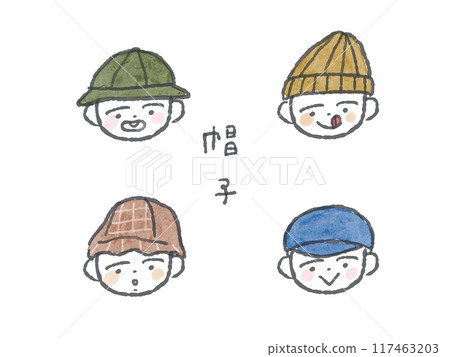 戴著各種表情帽子的兒童線條描插圖集（彩色） 117463203