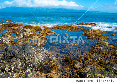 Rocky Tide Pool Coastline in Maui, Hawaii 117463219