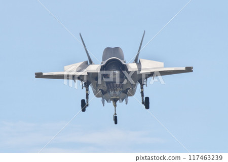 一架美國海軍陸戰隊 F-35B 盤旋在岩國空軍基地上空。 117463239