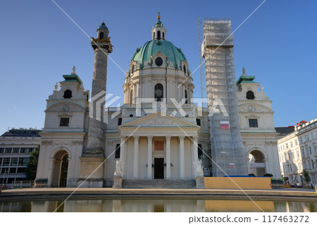Karl's Church under restoration along the Ringstrasse in the historic center of Vienna, a World Heritage site in Austria, Central Europe Karl's Church under restoration along the Ringstrasse in the historic center of Vienna, a World Heritage site in Austria, Central Europe 117463272