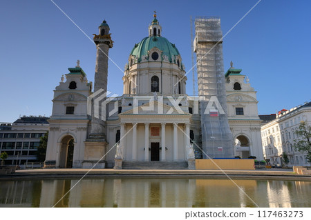 Karl's Church under restoration along the Ringstrasse in the historic center of Vienna, a World Heritage site in Austria, Central Europe 117463273