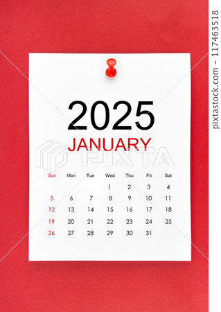 January 2025 calendar page with push pin on red background. January 2025 calendar page with push pin on red background. 117463518