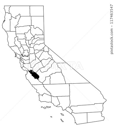 Map of San Benito County in California state on white background. single County map highlighted by black colour on California map. UNITED STATES, US 117463547