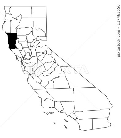 Map of Mendocino County in California state on white background. single County map highlighted by black colour on California map. UNITED STATES, US 117463556