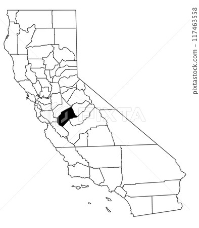 Map of merced County in California state on white background. single County map highlighted by black colour on California map. UNITED STATES, US Map of merced County in California state on white background. single County map highlighted by black colour on California map. UNITED STATES, US 117463558