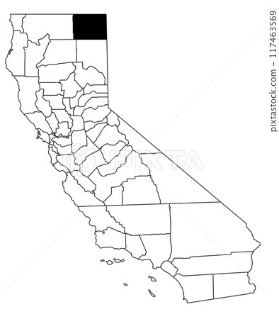 Map of modoc County in California state on white background. single County map highlighted by black colour on California map. UNITED STATES, US Map of modoc County in California state on white background. single County map highlighted by black colour on California map. UNITED STATES, US 117463569