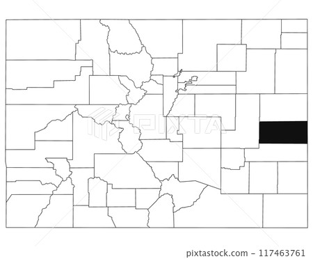 Map of Cheyenne County in Colorado state on white background. single County map highlighted by black colour on Colorado map. UNITED STATES, US 117463761