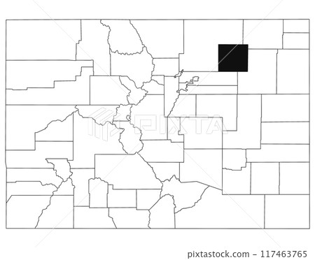 Map of Morgan County in Colorado state on white background. single County map highlighted by black colour on Colorado map. UNITED STATES, US 117463765
