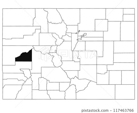 Map of delta County in Colorado state on white background. single County map highlighted by black colour on Colorado map. UNITED STATES, US 117463766