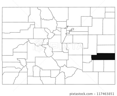 Map of Kiowa County in Colorado state on white background. single County map highlighted by black colour on Colorado map. UNITED STATES, US 117463851