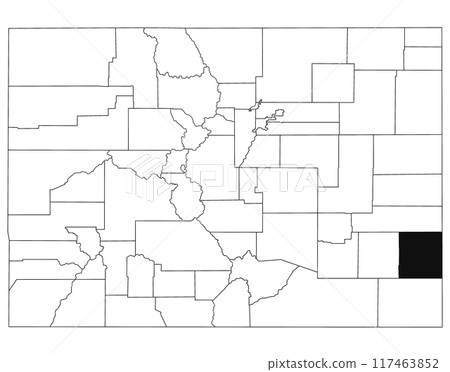 Map of prowers County in Colorado state on white background. single County map highlighted by black colour on Colorado map. UNITED STATES, US 117463852
