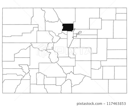 Map of boulder County in Colorado state on white background. single County map highlighted by black colour on Colorado map. UNITED STATES, US 117463853