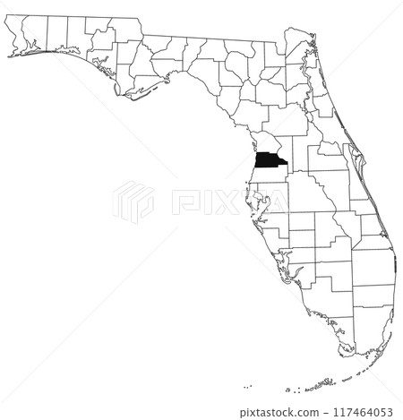 Map of Hernando County in Florida state on white background. single County map highlighted by black colour on Florida map. UNITED STATES, US Map of Hernando County in Florida state on white background. single County map highlighted by black colour on Florida map. UNITED STATES, US 117464053