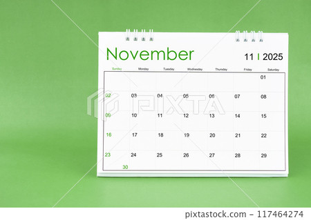 November 2025 desk calendar isolated in green background. 117464274
