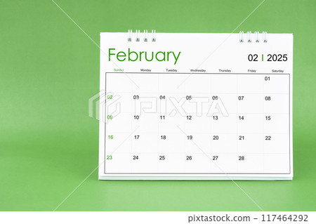 February 2025 desk calendar isolated in green background. February 2025 desk calendar isolated in green background. 117464292
