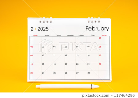 February 2025, Monthly desk calendar for 2025 year and pen on yellow background. February 2025, Monthly desk calendar for 2025 year and pen on yellow background. 117464296