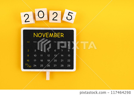 Calendar for November 2025 in black chalkboard with copy space. 117464298