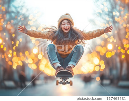 A girl jumping on a skateboard with illuminations in the background 117465381