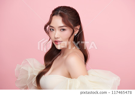 Beautiful young asian woman with clean fresh skin on pink background, Face care, Facial treatment, Cosmetology, beauty and spa, Asian women portrait. 117465478