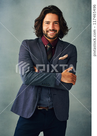 Man, fashion and portrait in arms crossed for business , trendy and smart by studio background. Male person, happy and elegant with pride, jacket and tie for formal style with confidence in Barcelona Man, fashion and portrait in arms crossed for business , trendy and smart by studio background. Male person, happy and elegant with pride, jacket and tie for formal style with confidence in Barcelona 117465496