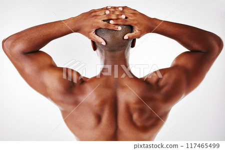 Black man, back and flexing for fitness in studio, strong arms and muscle development on white background. Person, confident and athlete for power or healthy body, bodybuilder and tough or training Black man, back and flexing for fitness in studio, strong arms and muscle development on white background. Person, confident and athlete for power or healthy body, bodybuilder and tough or training 117465499