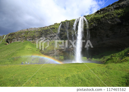 Seljalandsfoss waterfall and rainbow in Iceland in summer 117465582