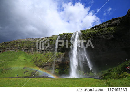 Seljalandsfoss waterfall and rainbow in Iceland in summer 117465585