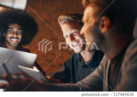 Night, teamwork and deadline for project, smile and brainstorming for research, web designer and person. Boardroom, dark and group with tablet, together and happy for design of company in office Night, teamwork and deadline for project, smile and brainstorming for research, web designer and person. Boardroom, dark and group with tablet, together and happy for design of company in office 117465636