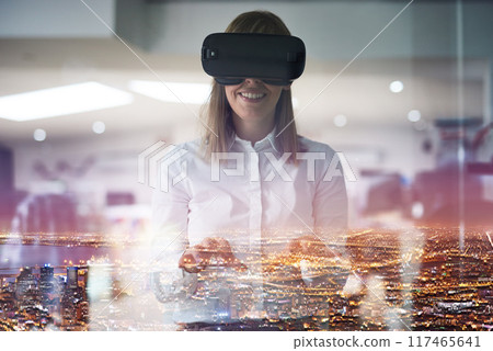 Woman, VR and glasses with city overlay, futuristic and digital streaming. Smile, technology and virtual planning for building with female person, cyber and internet for property development Woman, VR and glasses with city overlay, futuristic and digital streaming. Smile, technology and virtual planning for building with female person, cyber and internet for property development 117465641