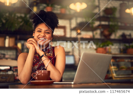 Laptop, portrait and happy woman in coffee shop for remote work email, blog and article in restaurant. Computer, freelancer and face of copywriter in cafe on internet, website or customer in Brazil Laptop, portrait and happy woman in coffee shop for remote work email, blog and article in restaurant. Computer, freelancer and face of copywriter in cafe on internet, website or customer in Brazil 117465674