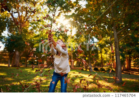 Girl, child and leaves or catch in park for adventure, fun activity and autumn game with enjoyment outdoor. Kid, happy and excited with freedom, holiday or wellness on grass in nature with sunlight Girl, child and leaves or catch in park for adventure, fun activity and autumn game with enjoyment outdoor. Kid, happy and excited with freedom, holiday or wellness on grass in nature with sunlight 117465704