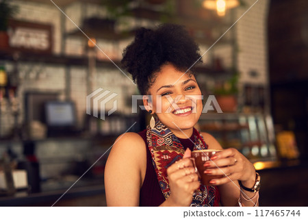Woman, portrait and happy with coffee in cafe, beverage and casual for break. Female person, smile and drinking with mug at barista for relaxation, diner and cozy with tea for weekend at restaurant Woman, portrait and happy with coffee in cafe, beverage and casual for break. Female person, smile and drinking with mug at barista for relaxation, diner and cozy with tea for weekend at restaurant 117465744
