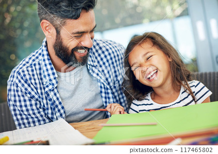 Laughing, father and daughter papers on table together for learning, playing and development in home. Happy, man and girl child with notes for support, education and teaching in house with love Laughing, father and daughter papers on table together for learning, playing and development in home. Happy, man and girl child with notes for support, education and teaching in house with love 117465802