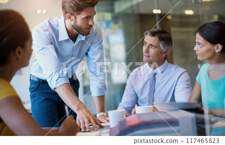 Negotiation, meeting or business people discussion in office for planning, teamwork and collaboration. Communication, group or staff in workplace talking for deal, project review or brainstorm 117465823