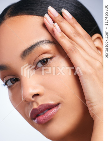 Woman, portrait and routine skincare in studio, healthy and nails for beauty on white background. Female person, cosmetics and touch soft or smooth skin, facial treatment and manicure for dermatology Woman, portrait and routine skincare in studio, healthy and nails for beauty on white background. Female person, cosmetics and touch soft or smooth skin, facial treatment and manicure for dermatology 117465830