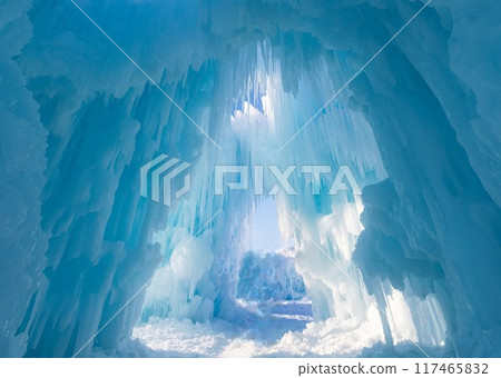 Blue cave of ice and icicles 117465832