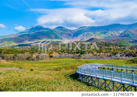 Autumn in Hokkaido: Shiretoko Five Lakes - View of the Shiretoko Mountain Range from an elevated boardwalk - 117465879