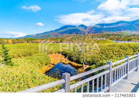 Autumn in Hokkaido: Shiretoko Five Lakes - View of the Shiretoko Mountain Range from an elevated boardwalk - 117465881