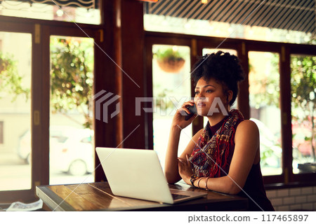 Phone call, remote work and woman on laptop in coffee shop for talking, news or conversation in restaurant. Computer, freelancer and copywriter on smartphone in cafe for communication or discussion Phone call, remote work and woman on laptop in coffee shop for talking, news or conversation in restaurant. Computer, freelancer and copywriter on smartphone in cafe for communication or discussion 117465897