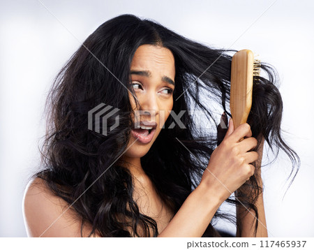 Pain, woman and brush with hair tangle for grooming mistake, alopecia problem and growth fail in studio. Frustrated, model girl and hairstyle disaster with knot and frizzy texture by white background 117465937