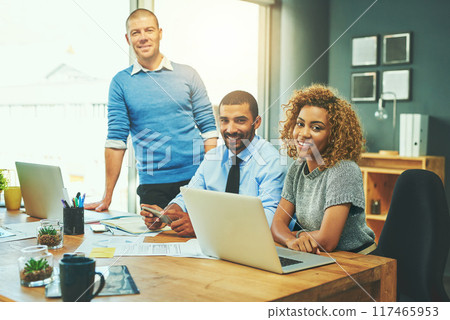 Business people, teamwork and portrait or happy with meeting in office for financial planning, company sales and data analysis. Collaboration, auditing staff and tech for paperwork and brainstorming Business people, teamwork and portrait or happy with meeting in office for financial planning, company sales and data analysis. Collaboration, auditing staff and tech for paperwork and brainstorming 117465953