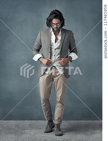 Businessman, thoughts and glasses on grey background for fashion or corporate career with executive look for manager roll or supervisor. Man, trendy and stylish in studio, thinking and serious Businessman, thoughts and glasses on grey background for fashion or corporate career with executive look for manager roll or supervisor. Man, trendy and stylish in studio, thinking and serious 117465959