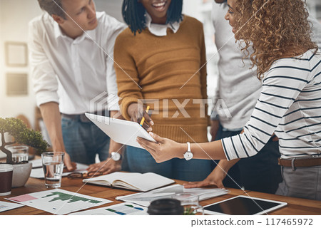 Group, people and tablet for data analysis in company as web developer in digital agency, workshop or office. Team, business meeting and collaboration with diversity, growth or career in brand design 117465972