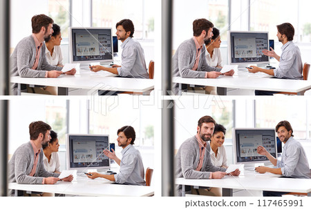 Business people, collage or meeting by computer screen in office, portrait or collaboration on website project. Web designer, face and composite with creative together and communication at workplace 117465991