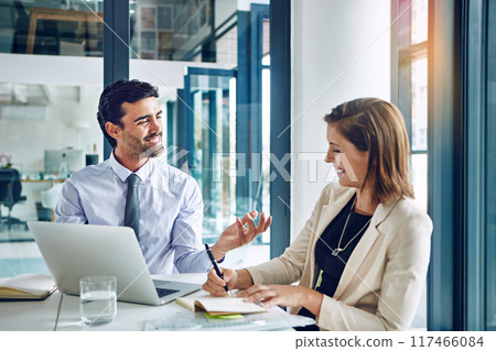 Consulting, businessman and woman with laptop, notes and advice for planning with financial advisor in office. Strategy, development and business people in meeting for proposal, ideas and discussion 117466084