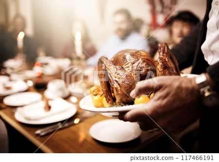 Lunch, hands and plate with roasted chicken in home with people for thanksgiving. Family, feast and meat or food for gathering or event with love, support and unity for care in dining table Lunch, hands and plate with roasted chicken in home with people for thanksgiving. Family, feast and meat or food for gathering or event with love, support and unity for care in dining table 117466191