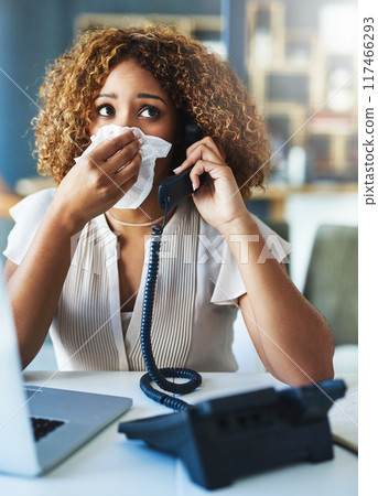 Phone call, blowing nose or sick woman with tissue, flu or allergy with cold, illness or infection. Laptop, secretary or African receptionist sneezing with toilet paper, virus or hayfever disease Phone call, blowing nose or sick woman with tissue, flu or allergy with cold, illness or infection. Laptop, secretary or African receptionist sneezing with toilet paper, virus or hayfever disease 117466293